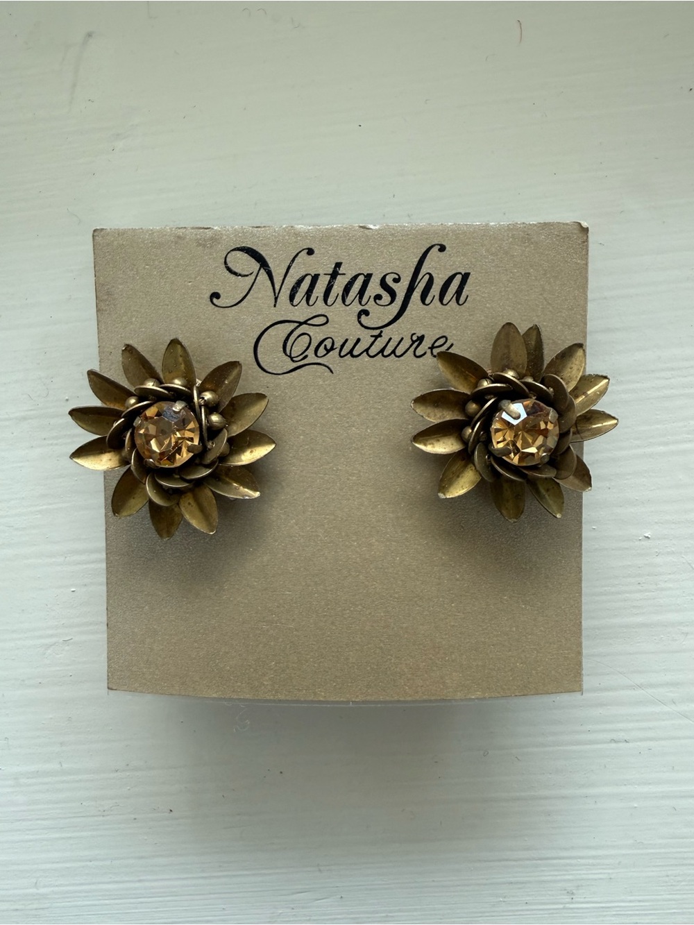 Natasha Couture Antique Gold Floral Crystal Stud Earrings- NWT
